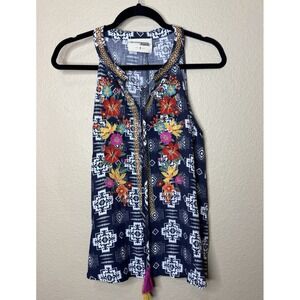 Savanna Jane Sleeveless Blouse Small Blue Boho Southwestern Lightweight